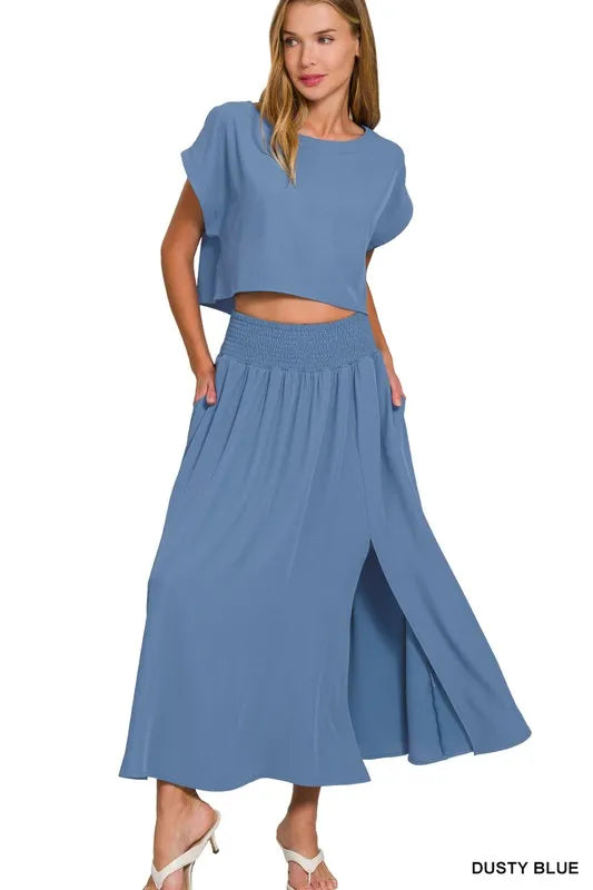 Image of Zenana Woven Crinkle Gauze Crop Tee and Skirt Set | Queeble.shop