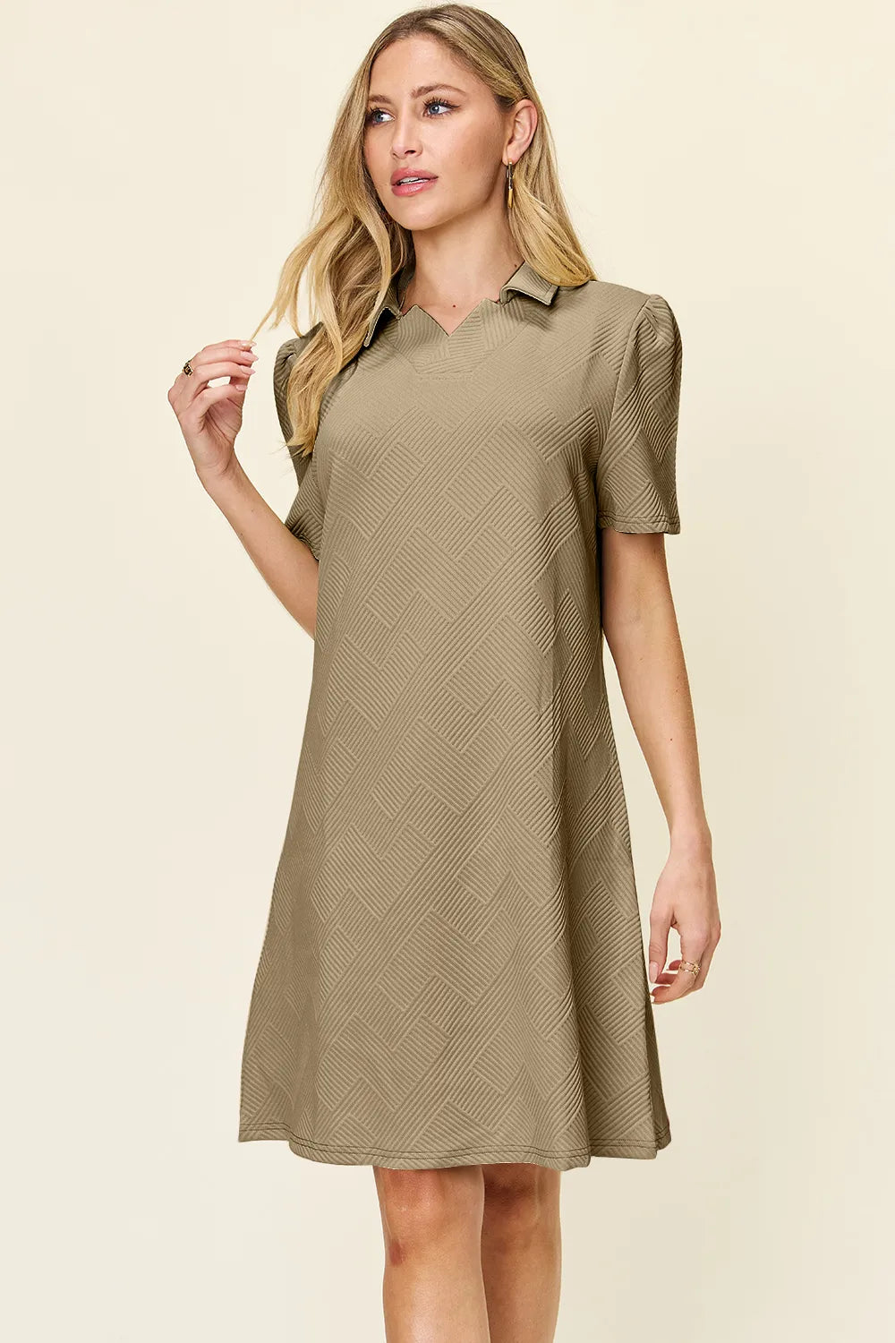 Image of Double Take Full Size Texture Collared Neck Short Sleeve Dress | Queeble.shop