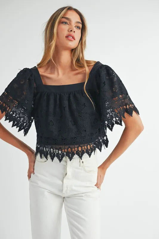 Image of MABLE Square Neck Crochet Lace Top With Double Bow Tie | Queeble.shop