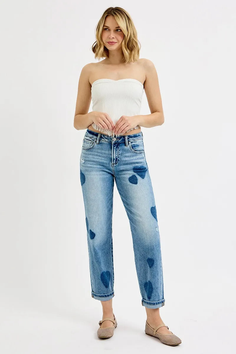 Image of RISEN Full Size Mid Rise Fit-boyfriend Heart Shade Jeans Plus Size | Queeble.shop