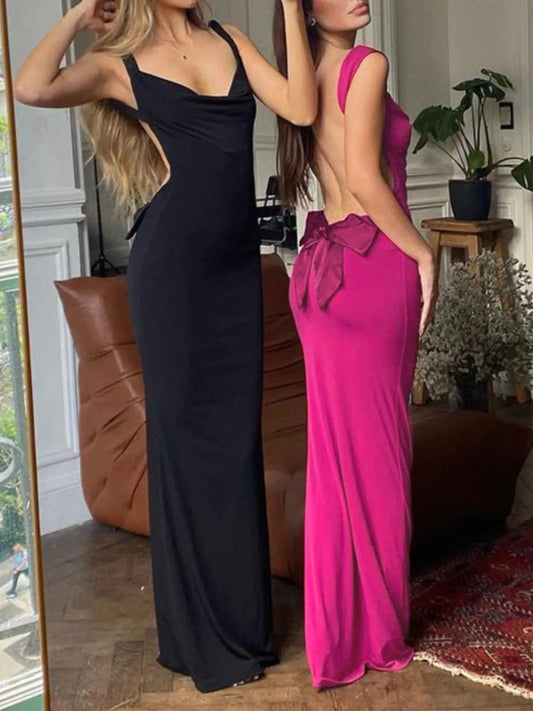 Image of Backless Bow-Tie Back Maxi Dress | Queeble.shop