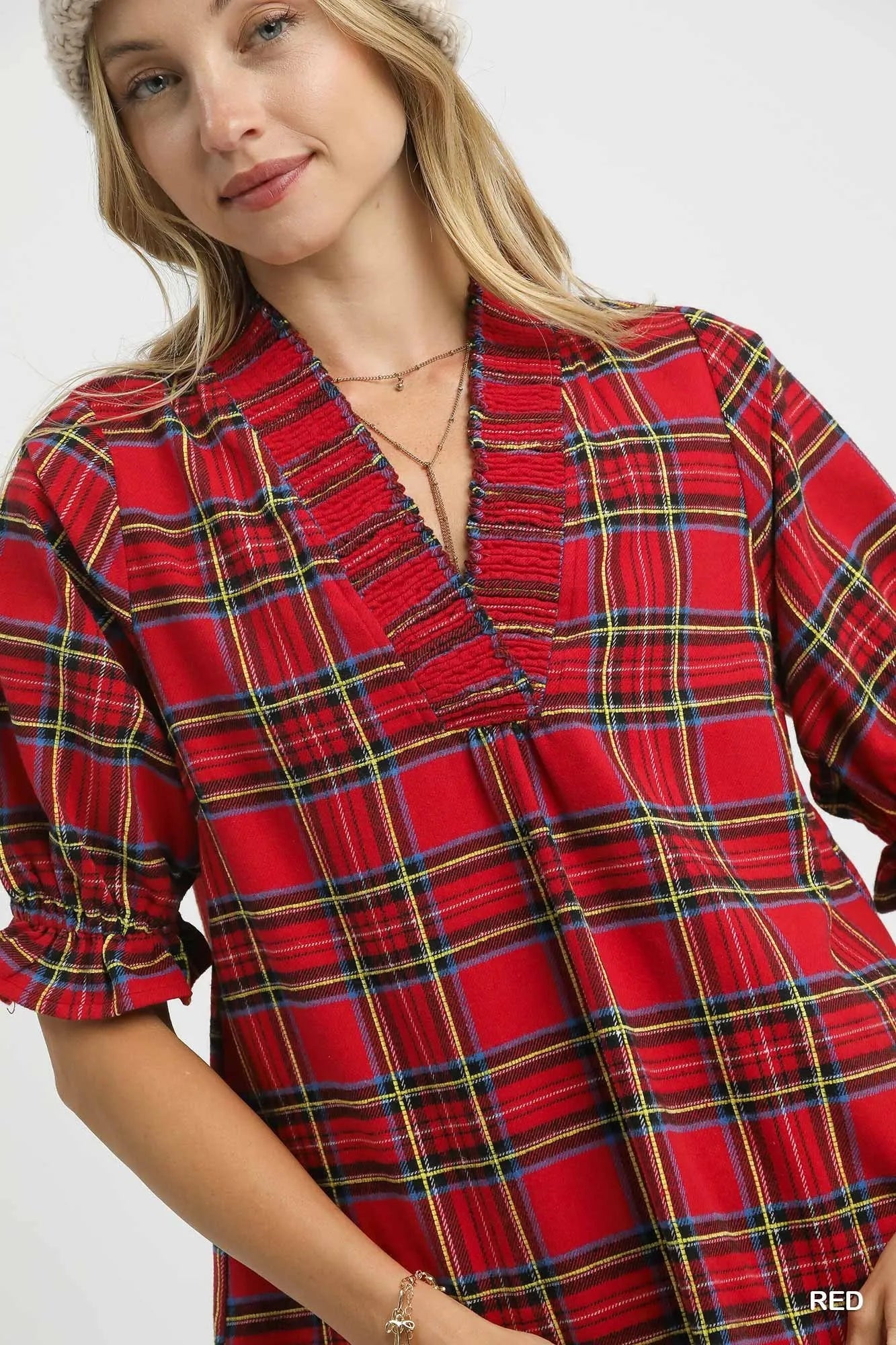 Image of Umgee Plaid Smocked V-Neck Flannel Top | Queeble.shop