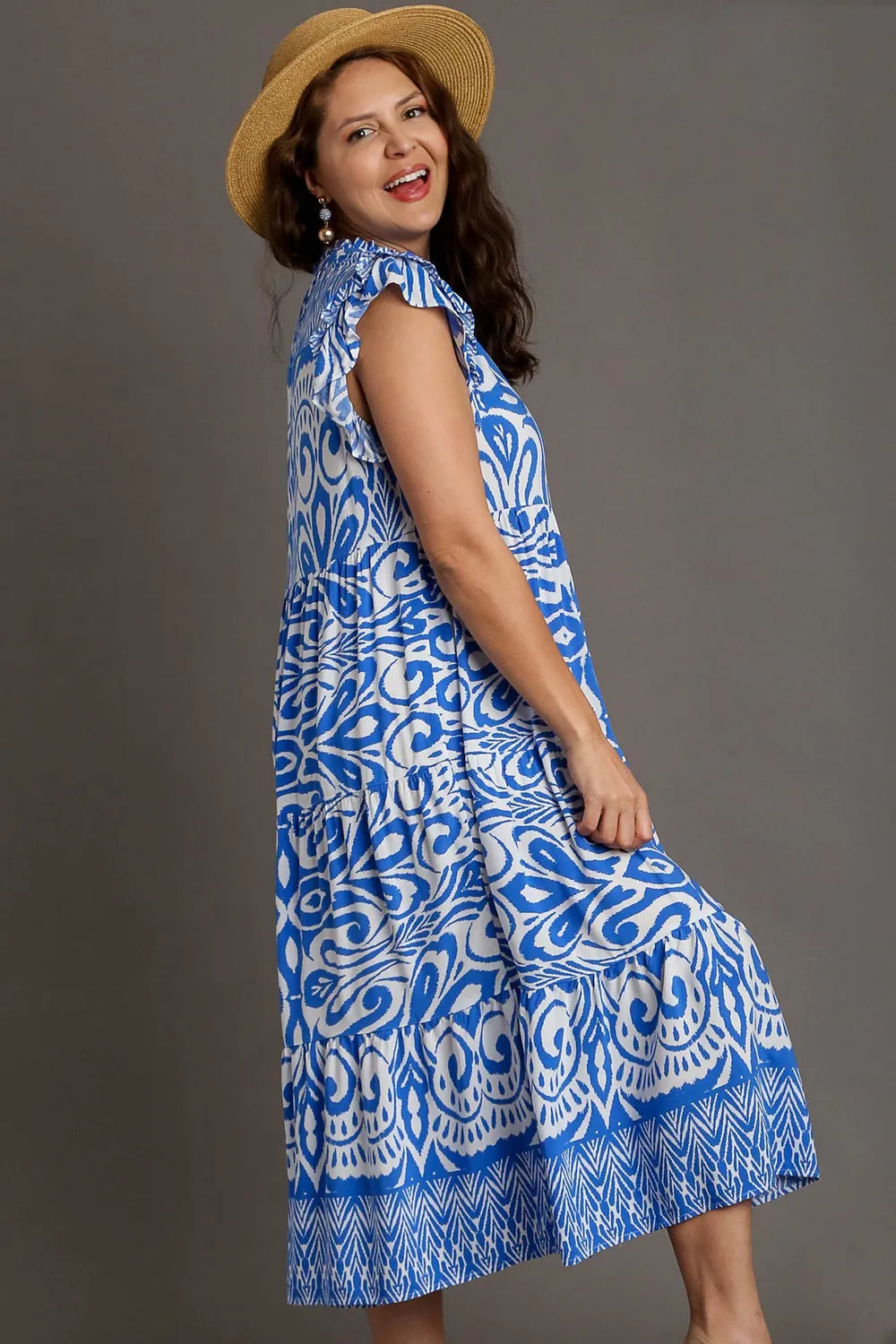 Image of Umgee Full Size Two Tone Border Print Ruffle Cap Sleeve Midi Dress Plus Size | Queeble.shop