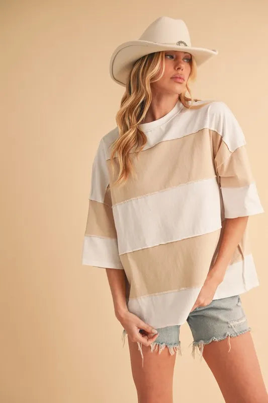 Image of Aemi+Co Color Block Round Neck Short Sleeve T-Shirt | Queeble.shop