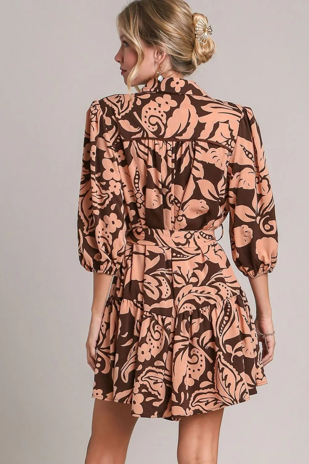 Image of Umgee Full Size Two Tone Floral Print Puff Sleeve Tie Waist Dress Plus Size | Queeble.shop