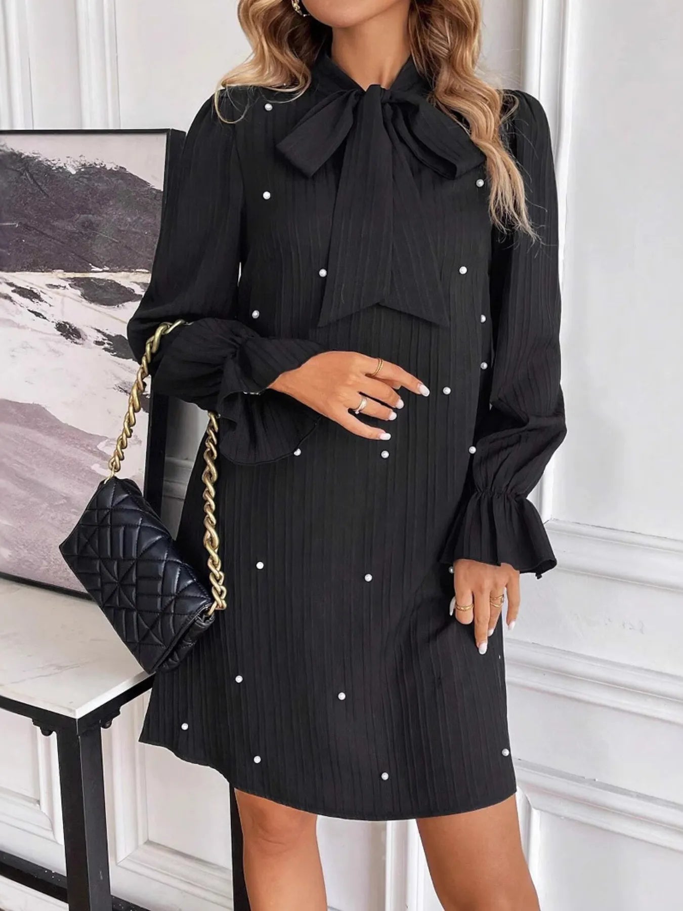 Image of Pearl Embellished Bow Tie Flounce Sleeve Dress | Queeble.shop
