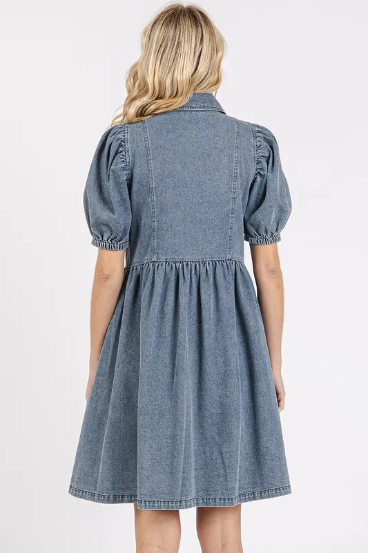 Image of Mittoshop Button Down Puff Sleeve Denim Dress | Queeble.shop