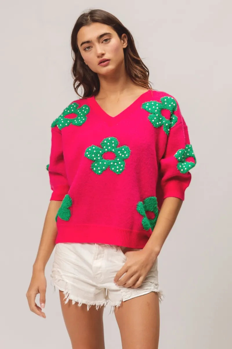 Image of BiBi Pearl Beads Flowers Sweater Top | Queeble.shop