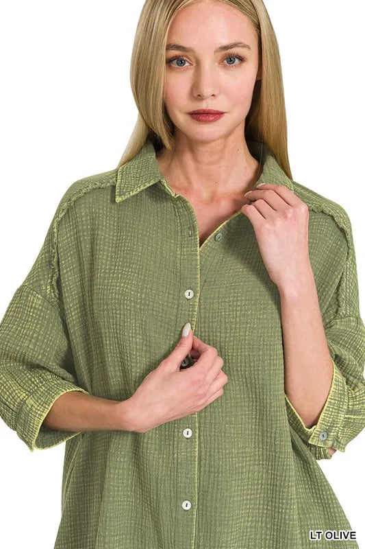 Image of Zenana Washed Double Gauze Button Down Shirt Dress | Queeble.shop