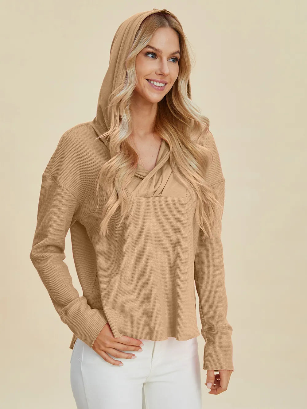 Image of Double Take Full Size High-Low Dropped Shoulder Long Sleeve Hoodie | Queeble.shop