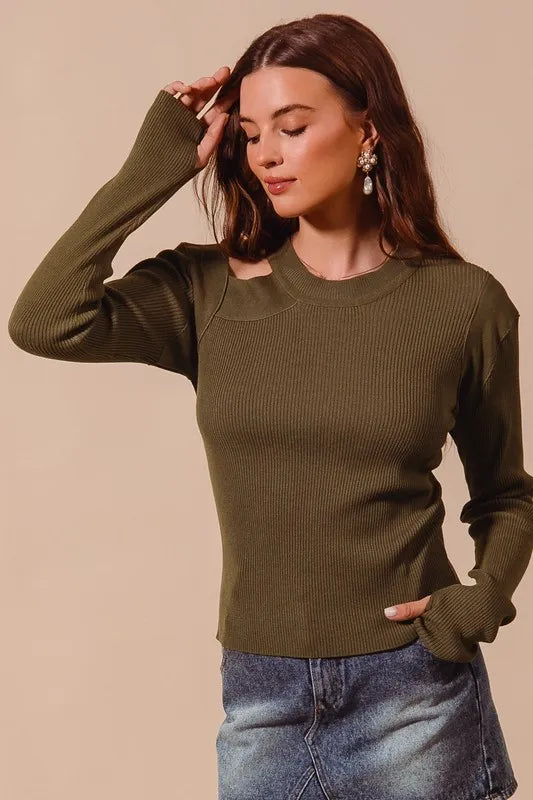 Image of SO ME Rib Knit Top with Shoulder Cut Out | Queeble.shop