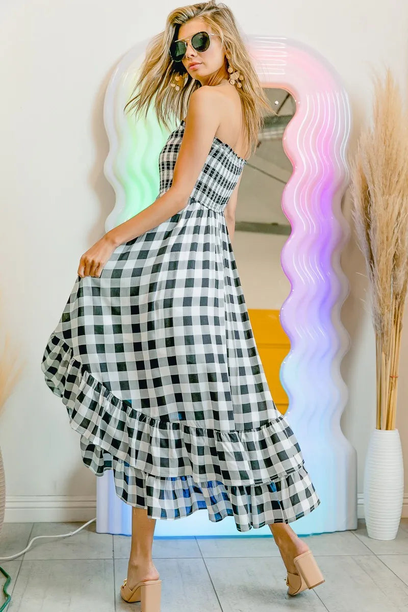 Image of BiBi Smocked Body Off Shoulder Check Dress | Queeble.shop