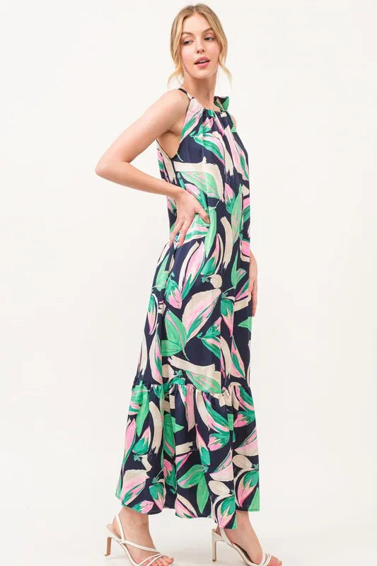 Image of And The Why Botanical Printed Halterneck Tiered Maxi Dress | Queeble.shop