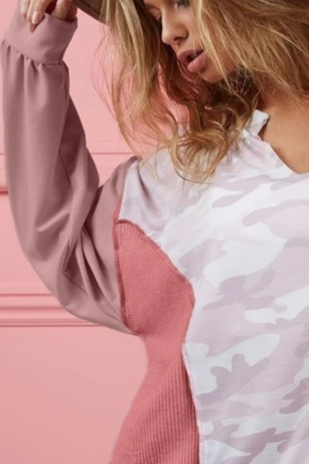 Image of BiBi Camo Printed French Terry Knit Color Block Top | Queeble.shop