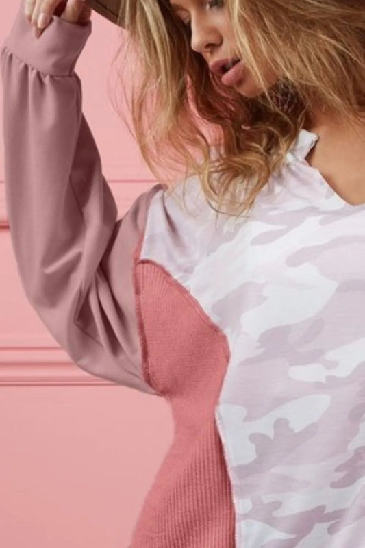 Image of BiBi Camo Printed French Terry Knit Color Block Top | Queeble.shop