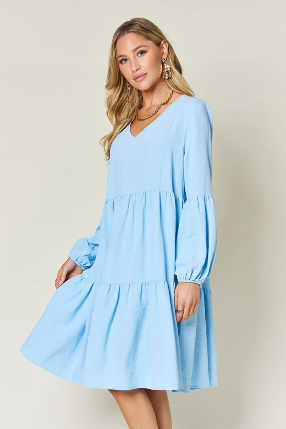 Image of Double Take Full Size V-Neck Balloon Sleeve Tiered Dress with Pockets | Queeble.shop