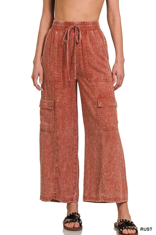Image of Zenana Washed Linen Elastic Band Waist Cargo Pants | Queeble.shop