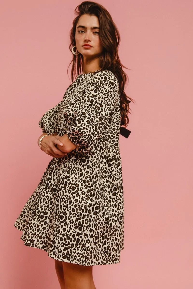 Image of BiBi Leopard Denim Dress With Back Contrast Tie Detail | Queeble.shop