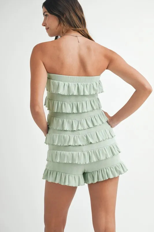 Image of MABLE Pointelle Knit Fabric Ruffled Tube Romper | Queeble.shop