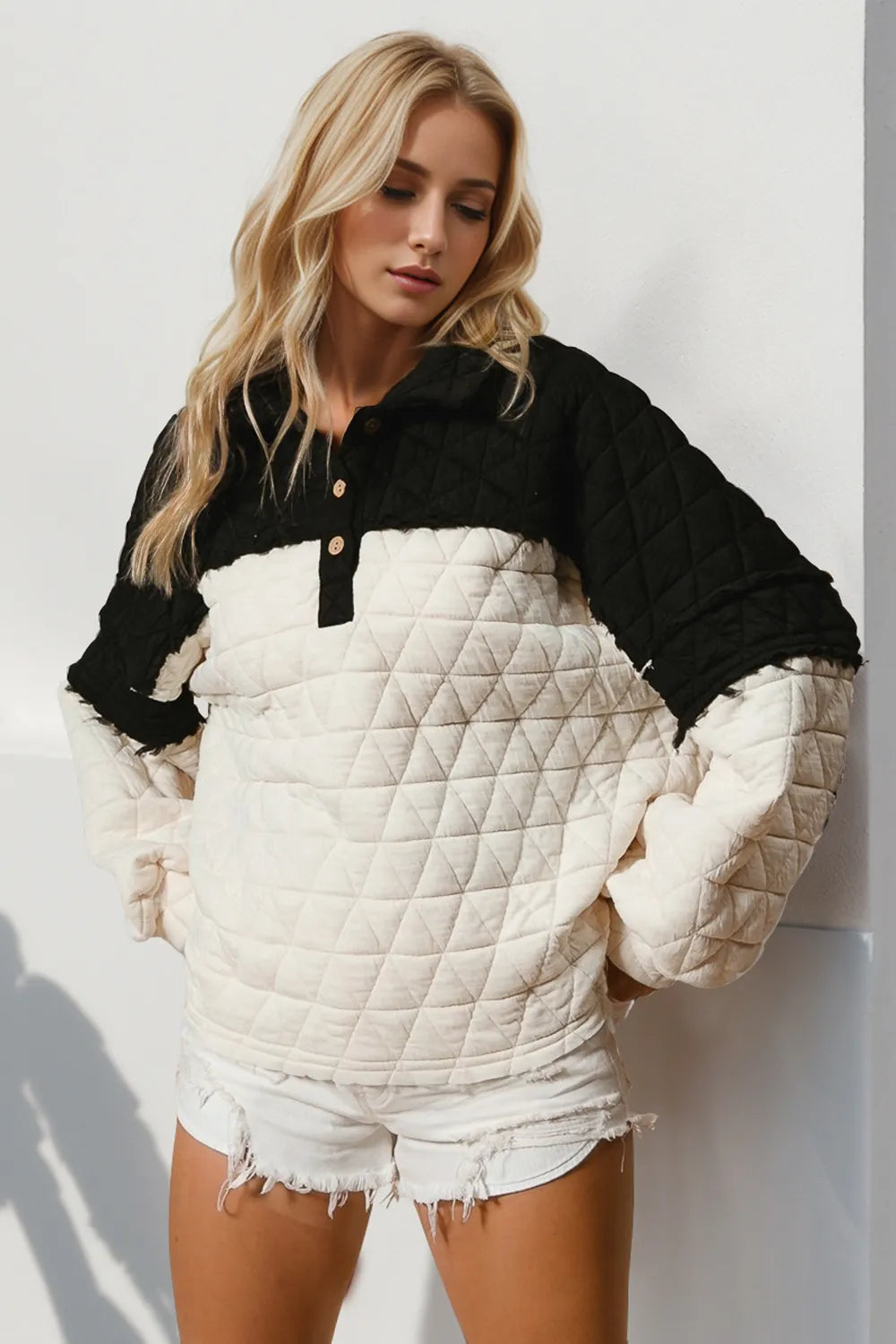Image of Double Take Quarter Button Contrast Long Sleeve Quilted Sweatshirt | Queeble.shop