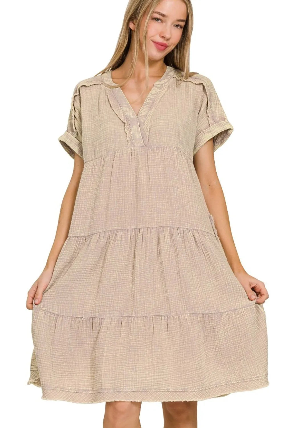 Image of Zenana Washed Double Gauze Raw Edge Notched Dress | Queeble.shop
