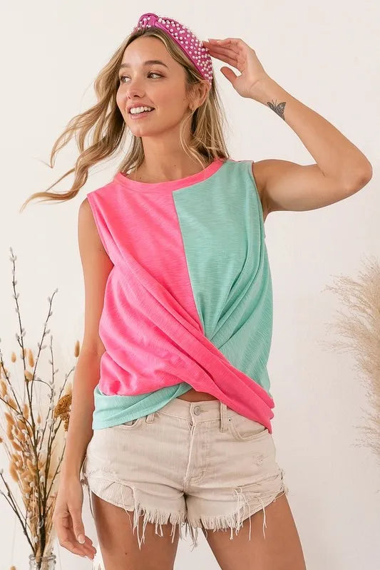 Image of BiBi Slub Terry Color Block Twisted Top | Queeble.shop