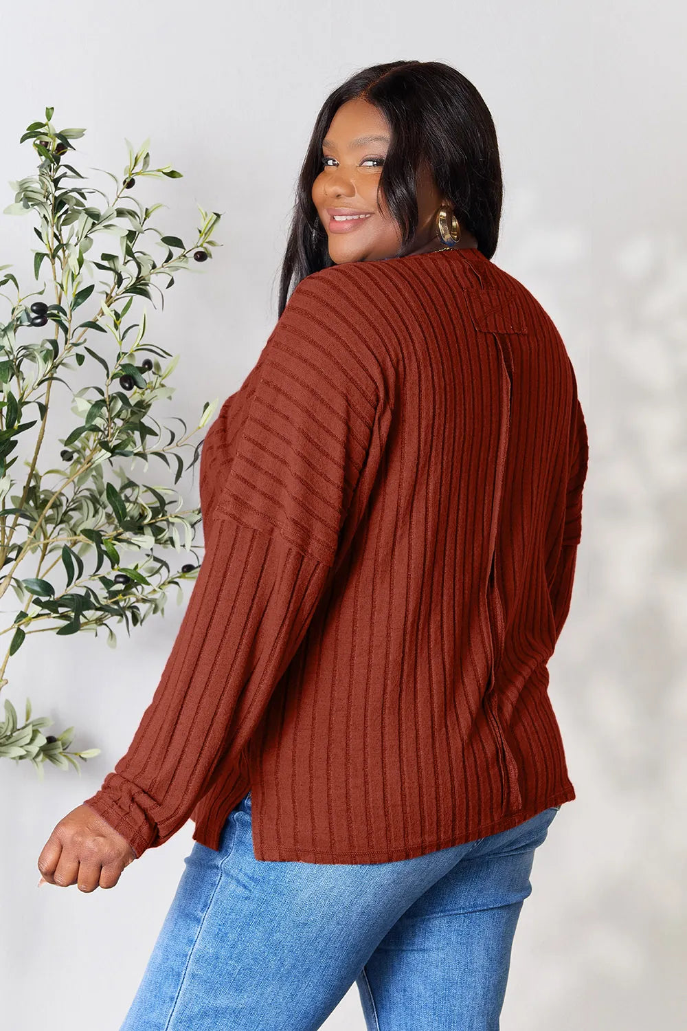 Image of Basic Bae Full Size Ribbed Round Neck Slit Knit Top | Queeble.shop