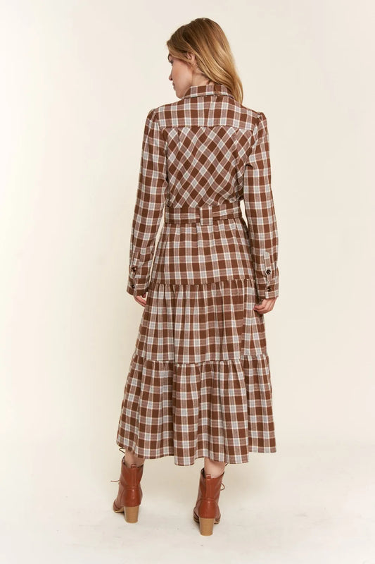 Image of And the Why Plaid Tiered Midi Shirt Dress | Queeble.shop
