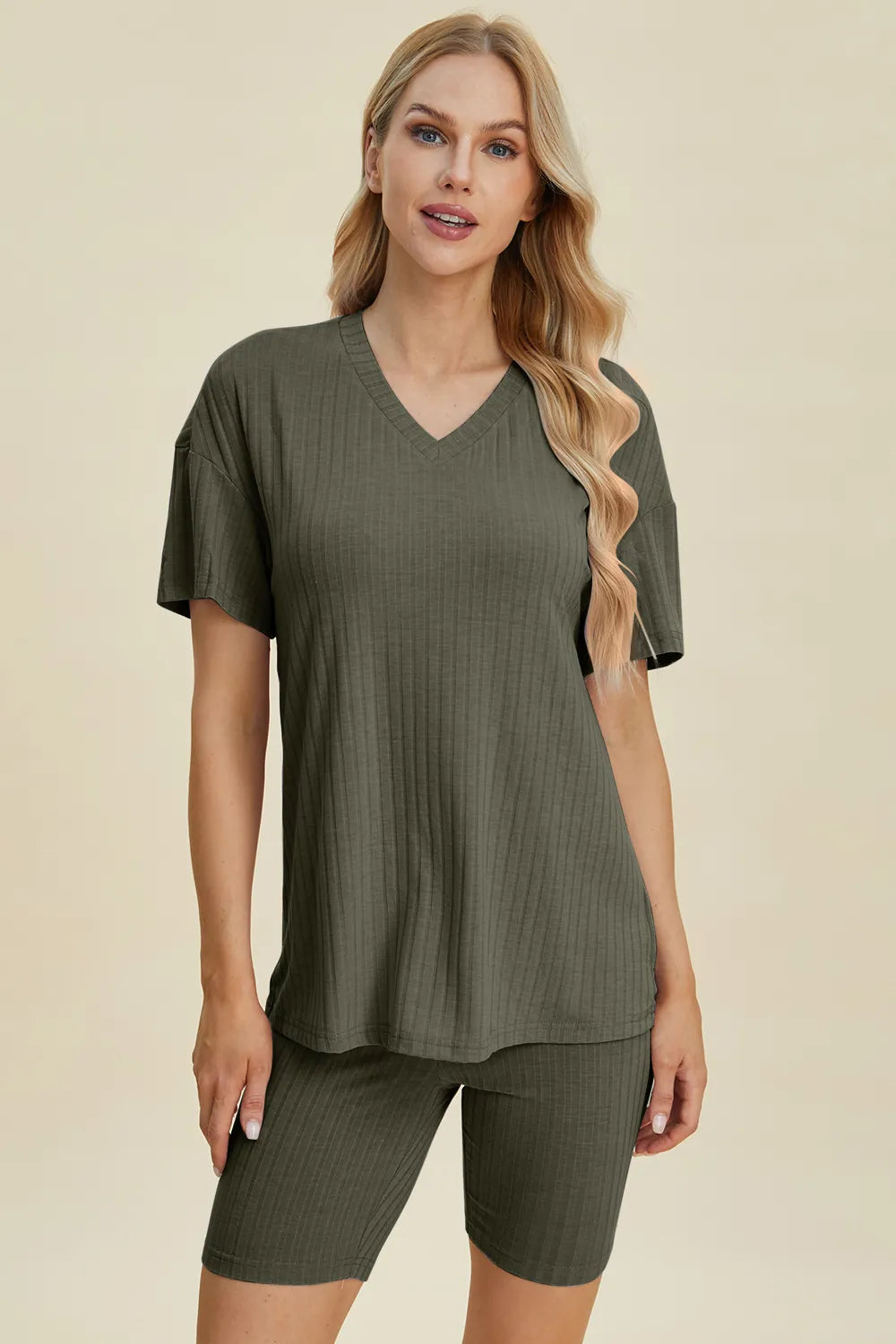 Image of Basic Bae Full Size Ribbed V-Neck Short Sleeve Top and Shorts Set | Queeble.shop