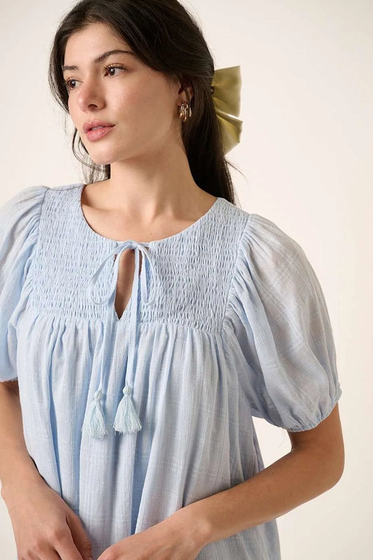 Image of Mittoshop Tassel Tie Plaid Gauze Short Sleeve Mini Dress | Queeble.shop