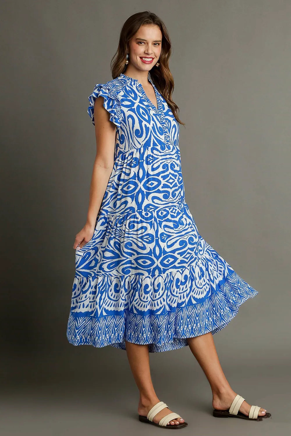 Image of Umgee Full Size Two Tone Border Print Ruffle Cap Sleeve Midi Dress Plus Size | Queeble.shop