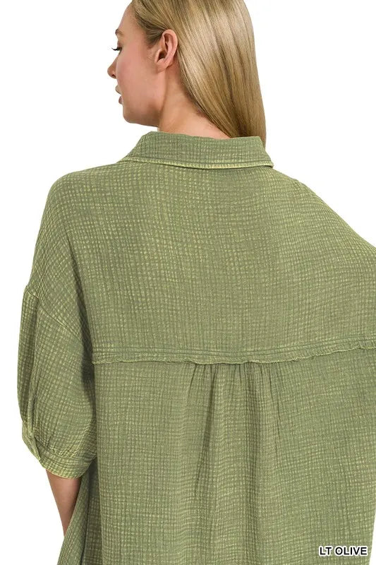 Image of Zenana Washed Double Gauze Button Down Shirt Dress | Queeble.shop