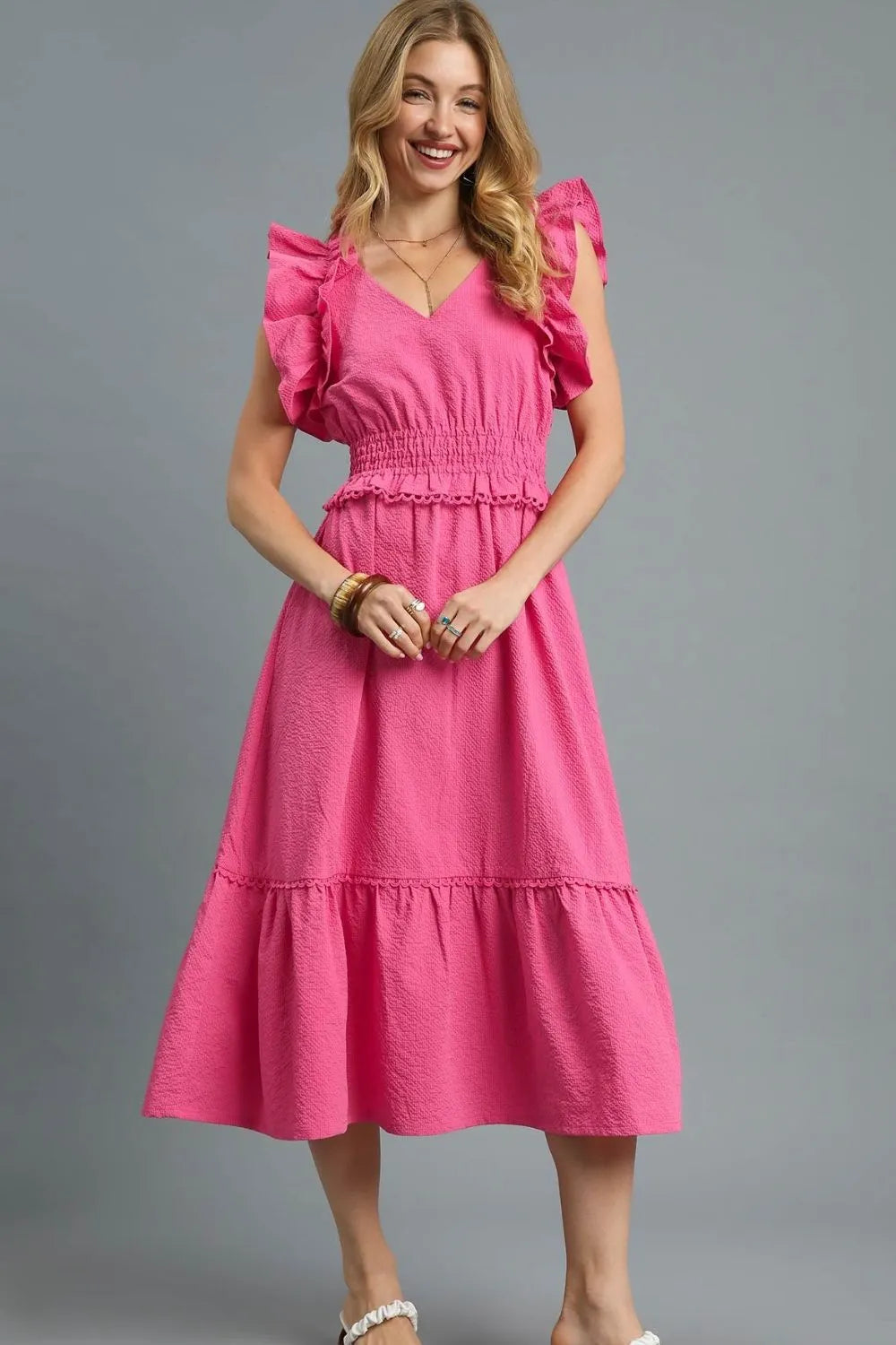 Image of Umgee V-Neck Ruffled Cap Sleeve Midi Dress | Queeble.shop
