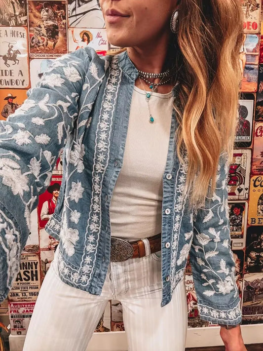 Image of Floral Embroidered Button Up Denim Shirt | Queeble.shop