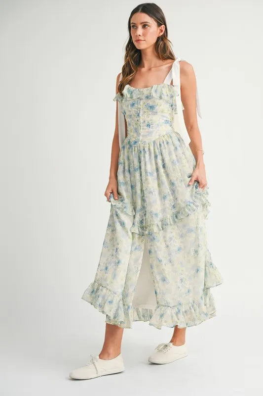 Image of MABLE Floral Printed Shoulder Strap Midi Dress | Queeble.shop