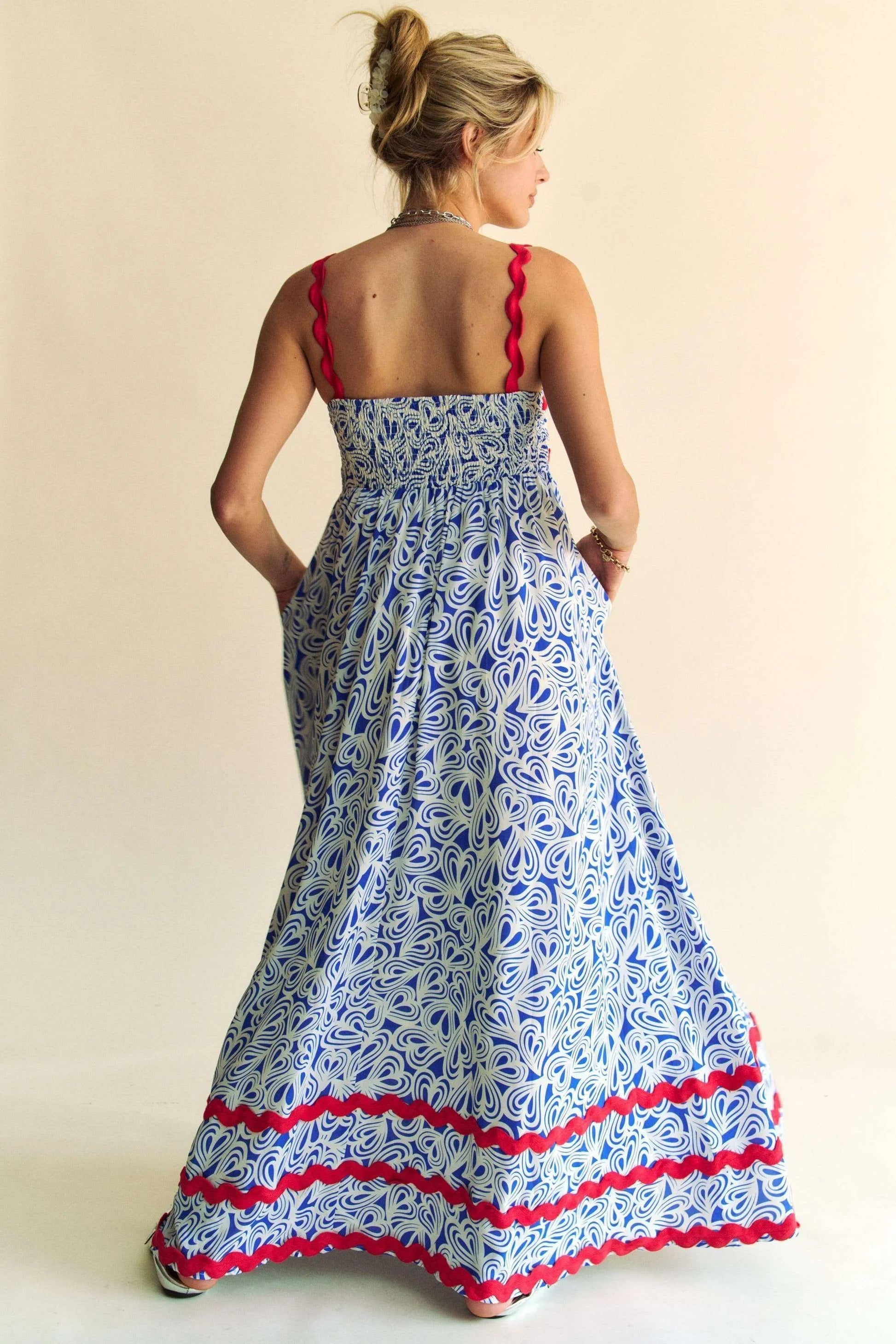 Image of Davi & Dani Geo 2 Tone Printed Wavi Trim Tiered Maxi Dress | Queeble.shop
