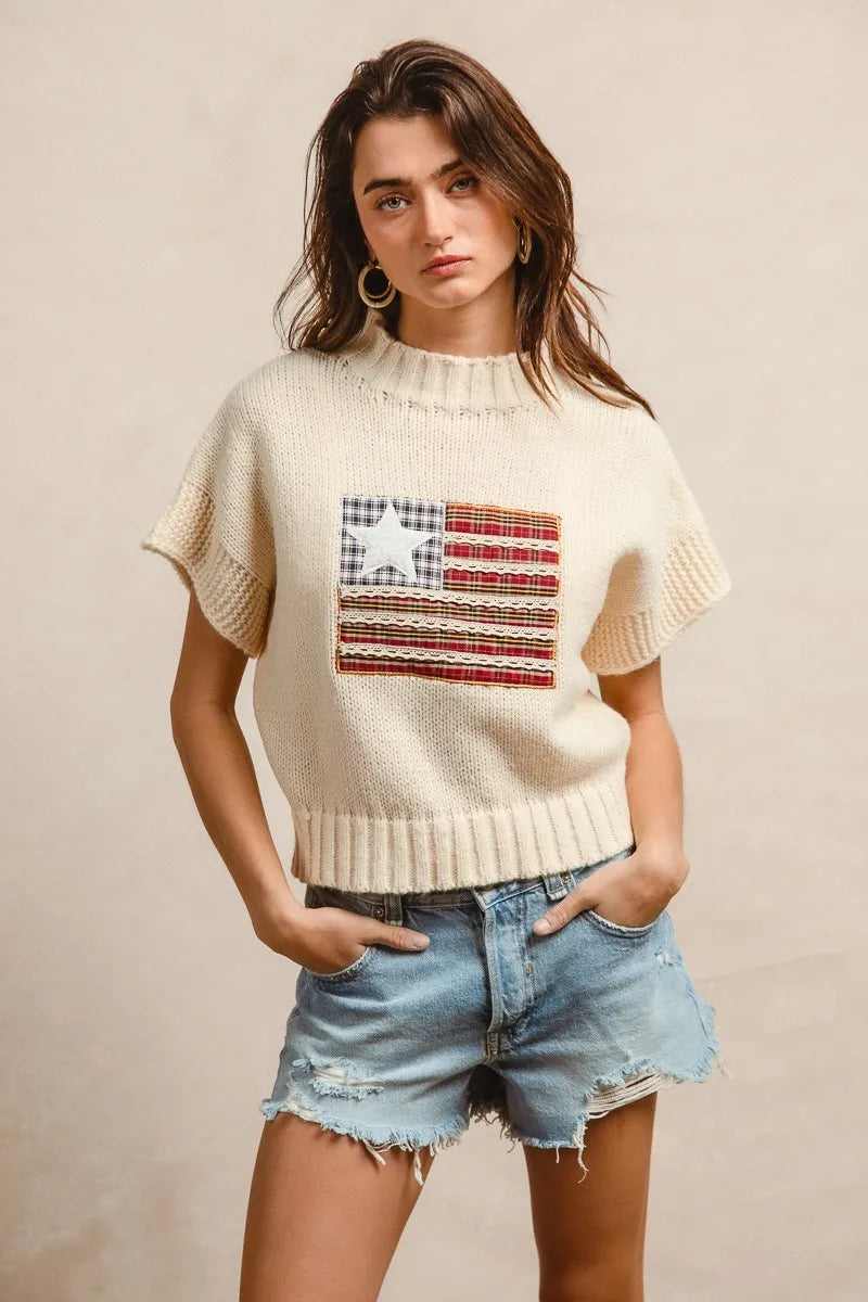 Image of BiBi American Flag Patchwork Drop Shoulder Sweater | Queeble.shop