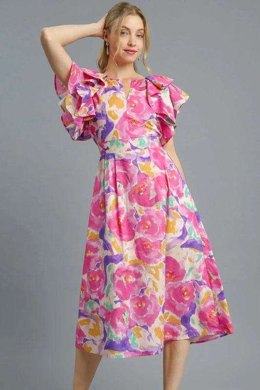 Image of Umgee Floral Ruffled Cap Sleeve Midi Dress | Queeble.shop