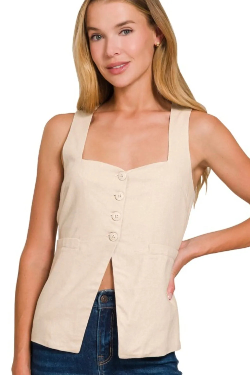 Image of Zenana Linen Tie-back 4-button Vest with Lining | Queeble.shop