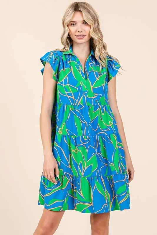 Image of Mittoshop Leaf Print Ruffle Sleeve Tiered Mini Dress | Queeble.shop