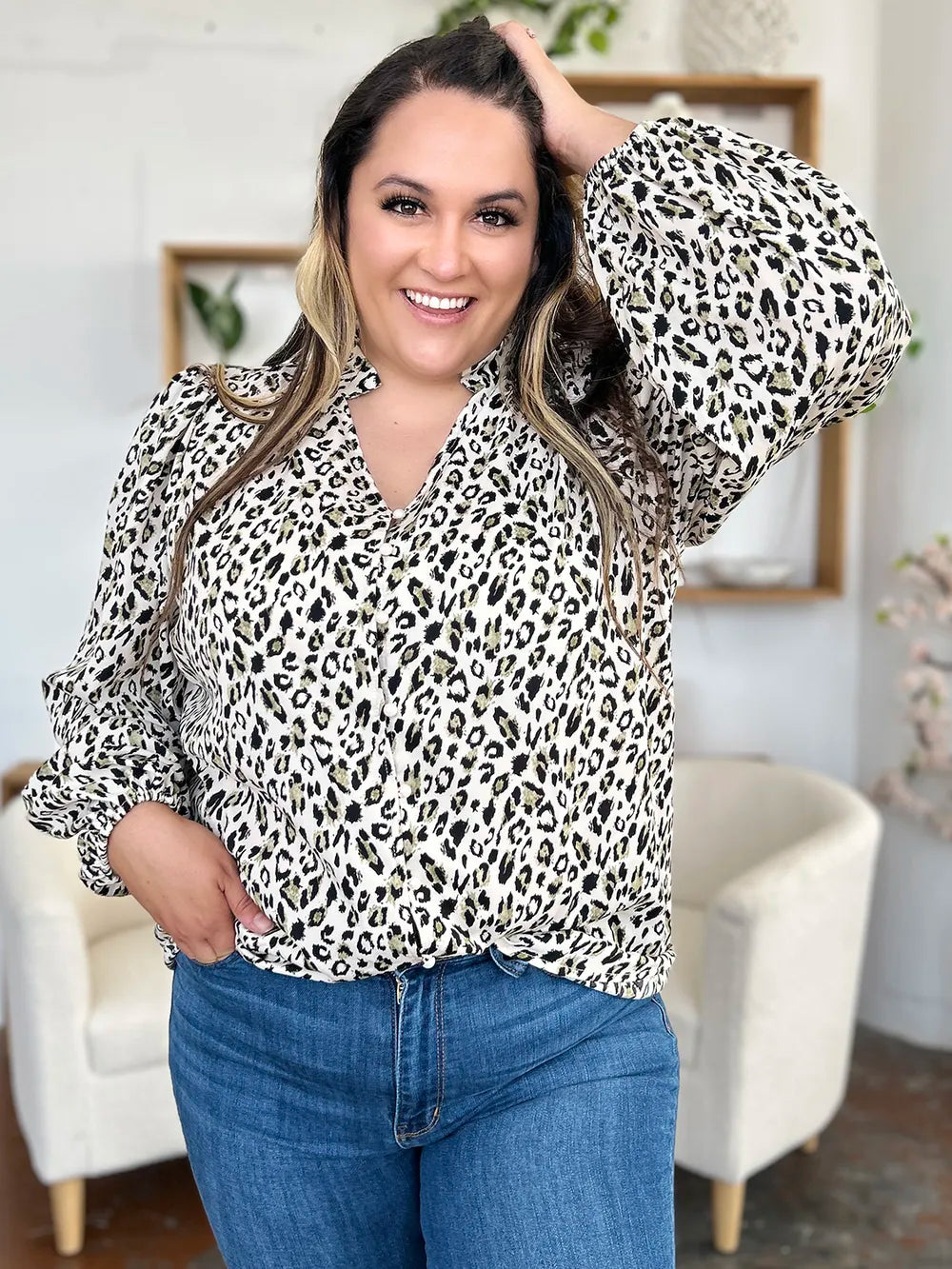 Image of Double Take Full Size Leopard Long Sleeve Blouse | Queeble.shop