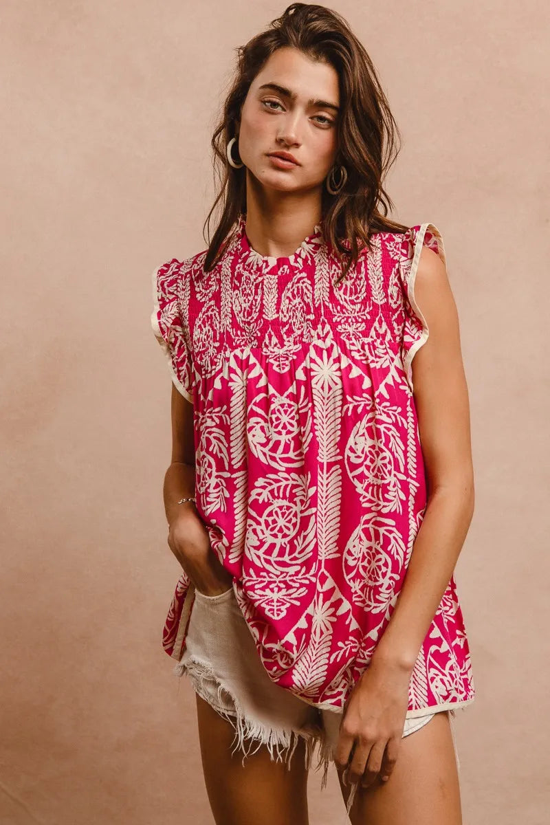 Image of BiBi Printed Ruffle Sleeve Top | Queeble.shop
