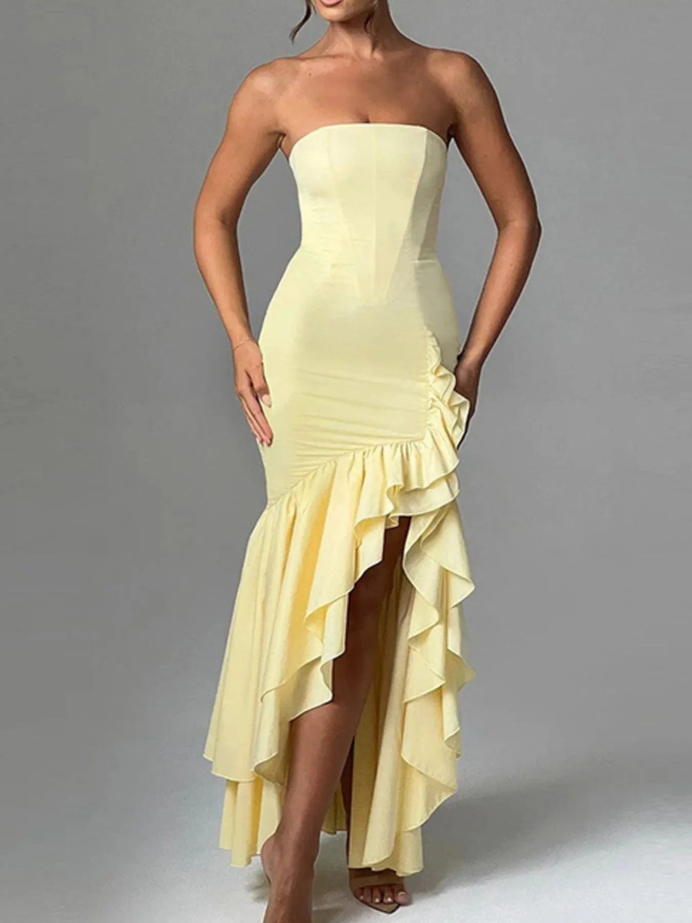 Image of Strapless Ruffle High-Low Bodycon Dress | Queeble.shop
