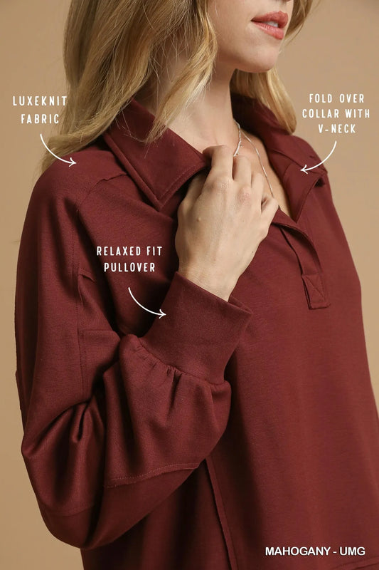 Image of Umgee Exposed Seam Long Sleeve Polo Top with Side Slit | Queeble.shop