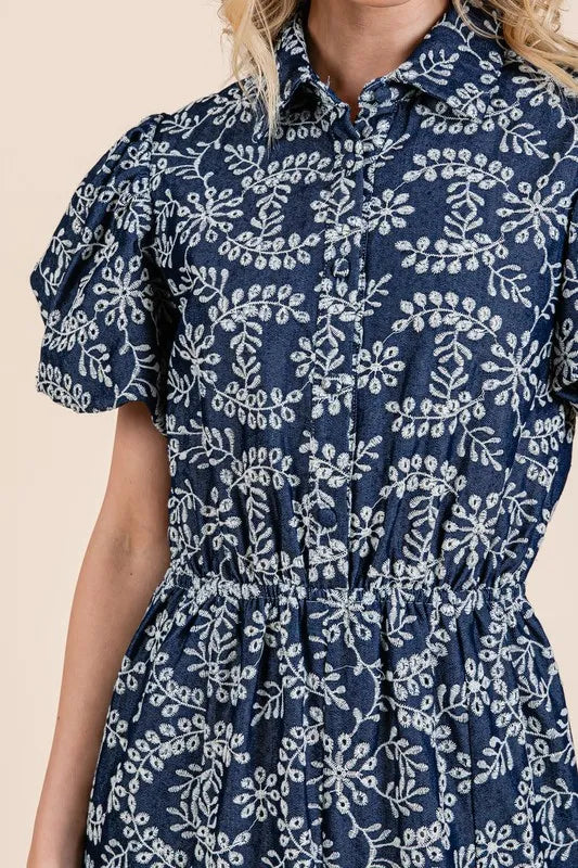 Image of GeeGee Natural Leaf Pattern Eyelet Lace Puff Sleeve Dress | Queeble.shop