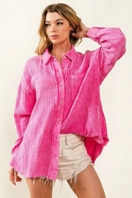 Image of BiBi Raw Edge Detailed Mineral Washed Loose Fit Shirt | Queeble.shop
