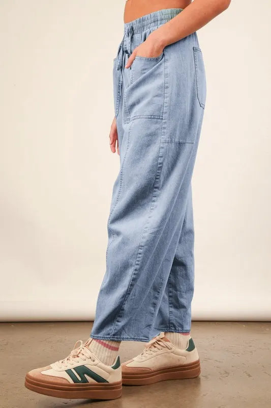 Image of VERY J Washed Chambray Barrel Denim Pants | Queeble.shop