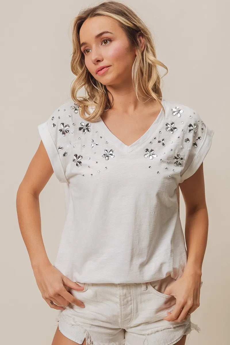 Image of BiBi Slub Jersey Rhinestone V Neck Top | Queeble.shop