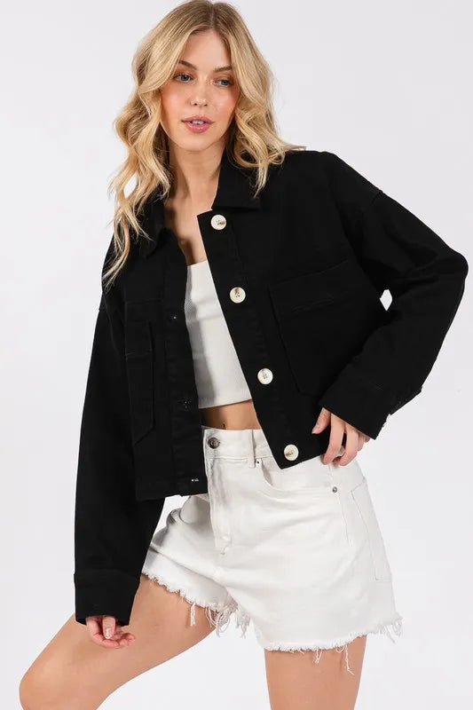Image of bytos Button Down Cropped Denim Jacket with Patch Pockets | Queeble.shop