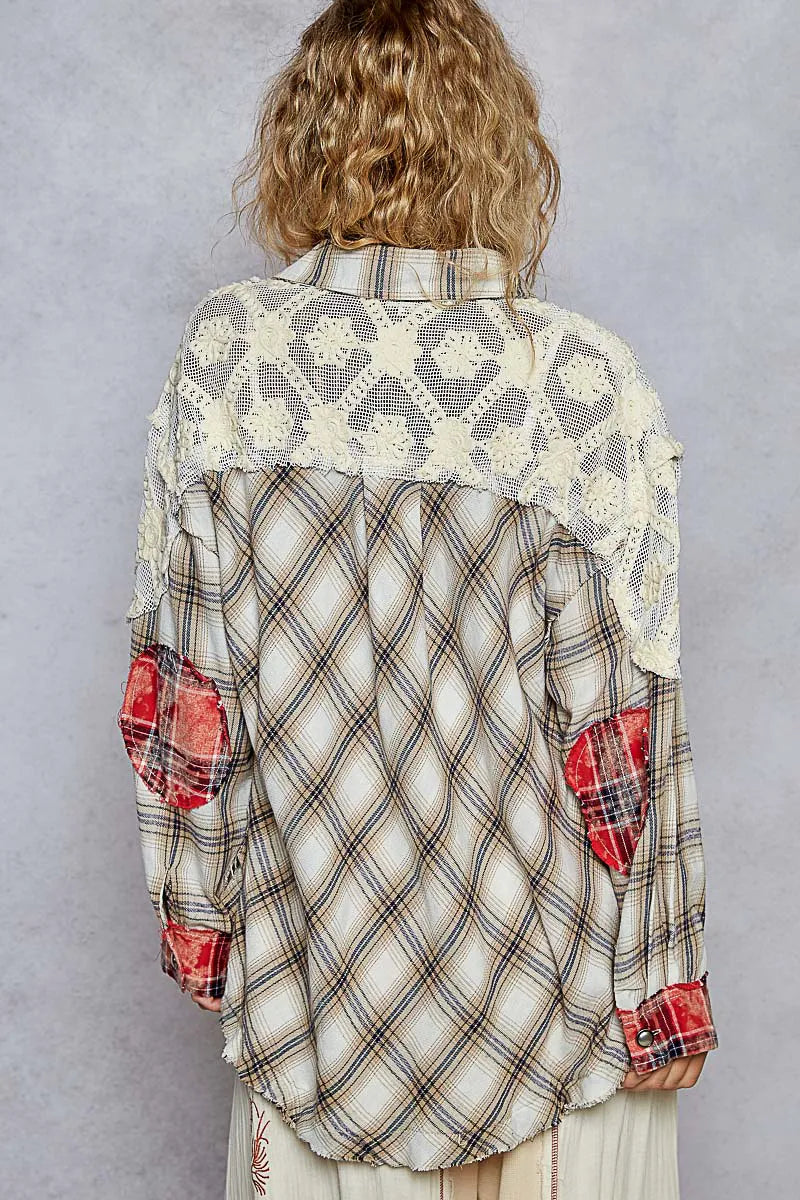 Image of POL Lace Patchwork Plaid Oversized Shirt | Queeble.shop